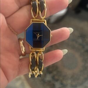 CHANEL Vintage Women's Gold and Black Watch with Blue Face